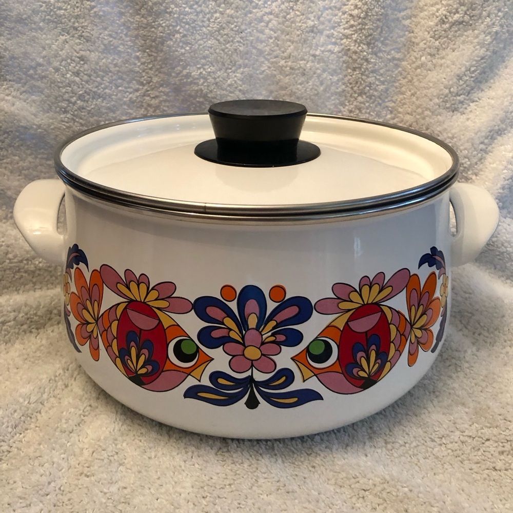 COPY - Vintage MCM Dart Rockline Enamel Pot Mod Fish Design 4 Quart with Lid